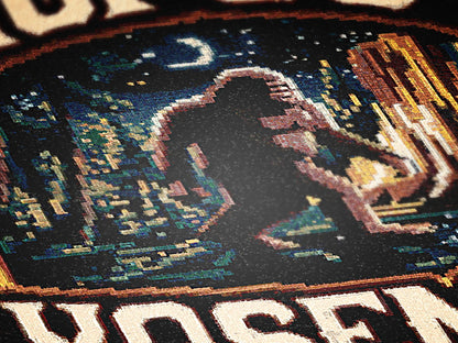 Sasquatch Jacquard Woven Blanket, Retro Bigfoot Cross Stitch Inspired Cryptid Throw Tapestry, Spooky Monster Decor, Cryptozoology Gift