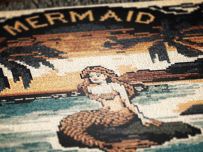 The Mermaid Wall Art Tapestry, Mermaidcore Wall Art Siren Beach Decor, Throw Blanket Woven Travel Poster, Cross Stitch Inspired Wall Decor