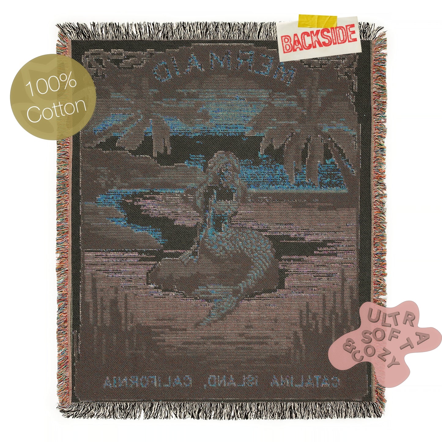 The Mermaid Wall Art Tapestry, Mermaidcore Wall Art Siren Beach Decor, Throw Blanket Woven Travel Poster, Cross Stitch Inspired Wall Decor