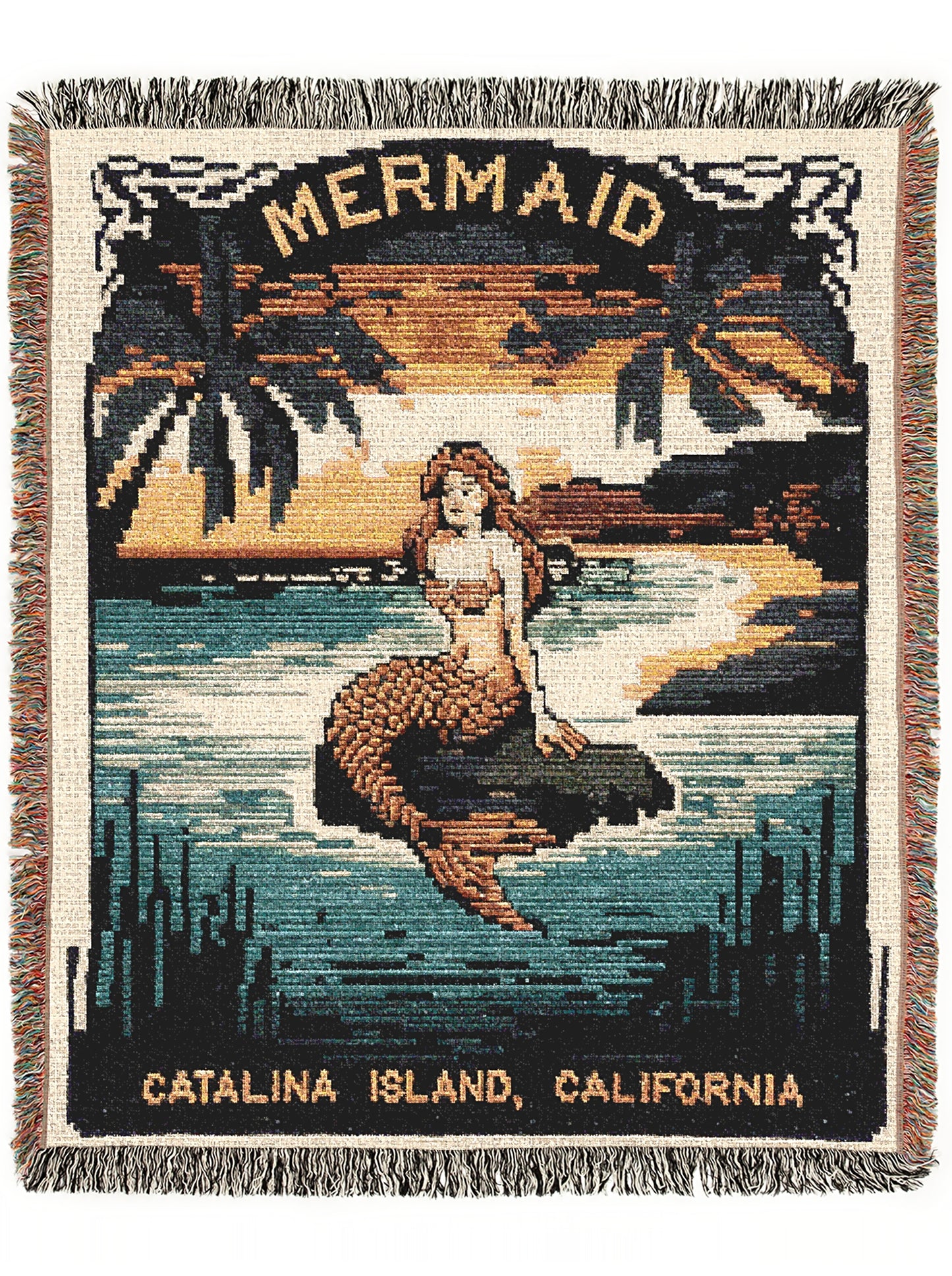 The Mermaid Wall Art Tapestry, Mermaidcore Wall Art Siren Beach Decor, Throw Blanket Woven Travel Poster, Cross Stitch Inspired Wall Decor