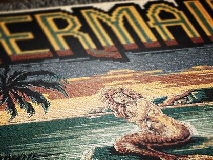 Mermaid Wall Art Tapestry, Mermaidcore Wall Art Siren Beach Decor, Throw Blanket Woven Travel Poster, Cross Stitch Inspired Wall Decor