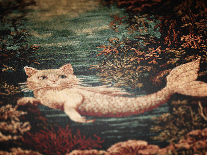 Cat Mermaid Jacquard Woven Blanket, Mermaidcore Wall Art, Siren on Beach, Selkie Retro Woven Throw Blanket, Cross Stitch Inspired Wall Decor