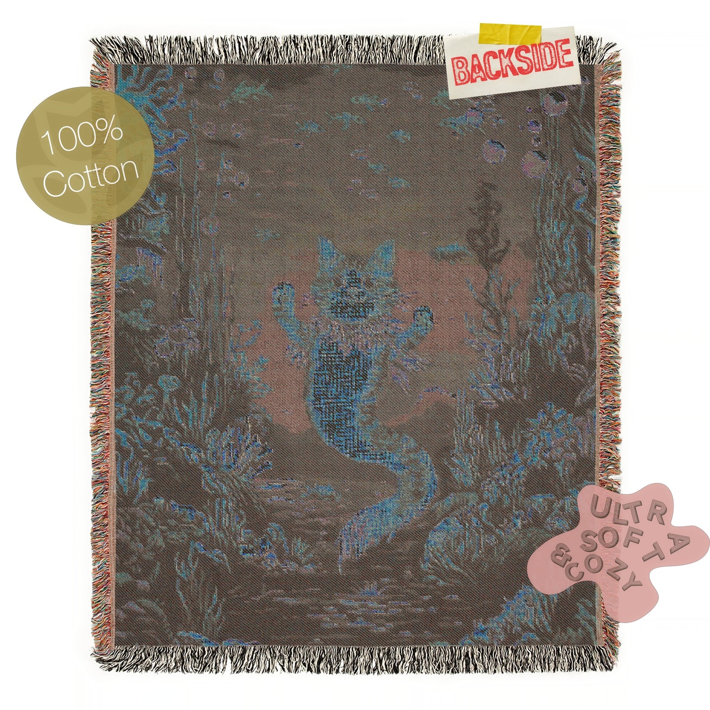 Cat Mermaid Jacquard Woven Blanket, Mermaidcore Wall Art, Siren on Beach, Selkie Retro Woven Throw Blanket, Cross Stitch Inspired Wall Decor