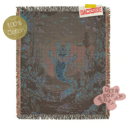 Cat Mermaid Jacquard Woven Blanket, Mermaidcore Wall Art, Siren on Beach, Selkie Retro Woven Throw Blanket, Cross Stitch Inspired Wall Decor