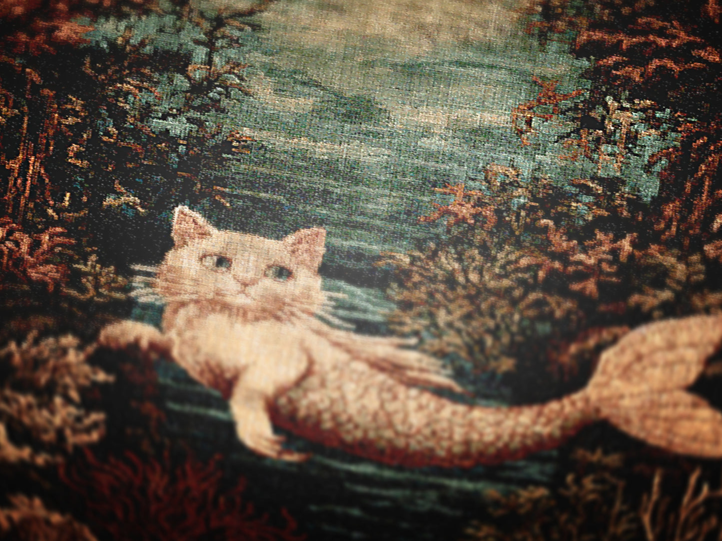 Cat Mermaid Jacquard Woven Blanket, Mermaidcore Wall Art, Siren on Beach, Selkie Retro Woven Throw Blanket, Cross Stitch Inspired Wall Decor