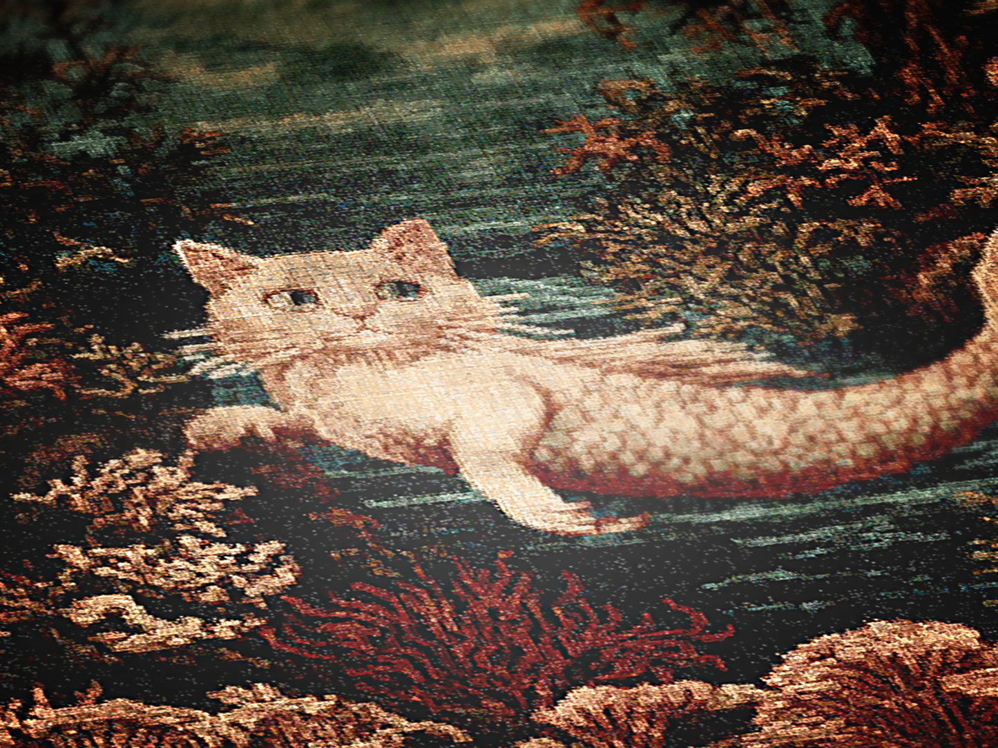 Cat Mermaid Jacquard Woven Blanket, Mermaidcore Wall Art, Siren on Beach, Selkie Retro Woven Throw Blanket, Cross Stitch Inspired Wall Decor