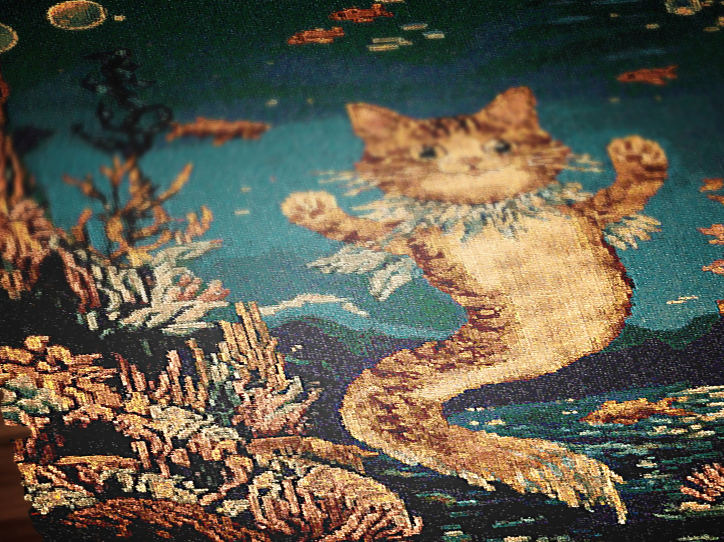 Mermaid Cat Jacquard Woven Blanket, Mermaidcore Wall Art, Siren on Beach, Selkie Retro Woven Throw Blanket Cross Stitch Inspired Wall Decor