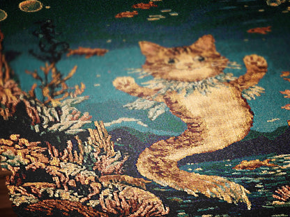 Mermaid Cat Jacquard Woven Blanket, Mermaidcore Wall Art, Siren on Beach, Selkie Retro Woven Throw Blanket Cross Stitch Inspired Wall Decor