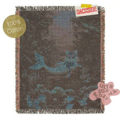 Mermaid Cat Jacquard Woven Blanket, Mermaidcore Wall Art, Siren on Beach, Selkie Retro Woven Throw Blanket Cross Stitch Inspired Wall Decor