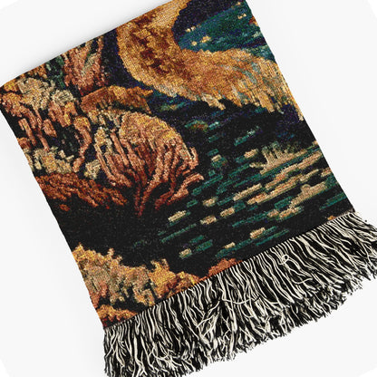 Mermaid Cat Jacquard Woven Blanket, Mermaidcore Wall Art, Siren on Beach, Selkie Retro Woven Throw Blanket Cross Stitch Inspired Wall Decor