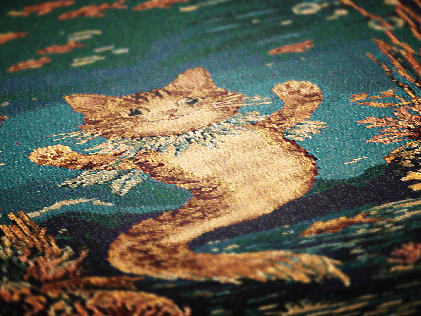 Mermaid Cat Jacquard Woven Blanket, Mermaidcore Wall Art, Siren on Beach, Selkie Retro Woven Throw Blanket Cross Stitch Inspired Wall Decor