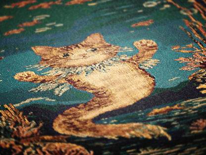 Mermaid Cat Jacquard Woven Blanket, Mermaidcore Wall Art, Siren on Beach, Selkie Retro Woven Throw Blanket Cross Stitch Inspired Wall Decor