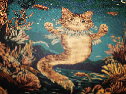 Mermaid Cat Jacquard Woven Blanket, Mermaidcore Wall Art, Siren on Beach, Selkie Retro Woven Throw Blanket Cross Stitch Inspired Wall Decor