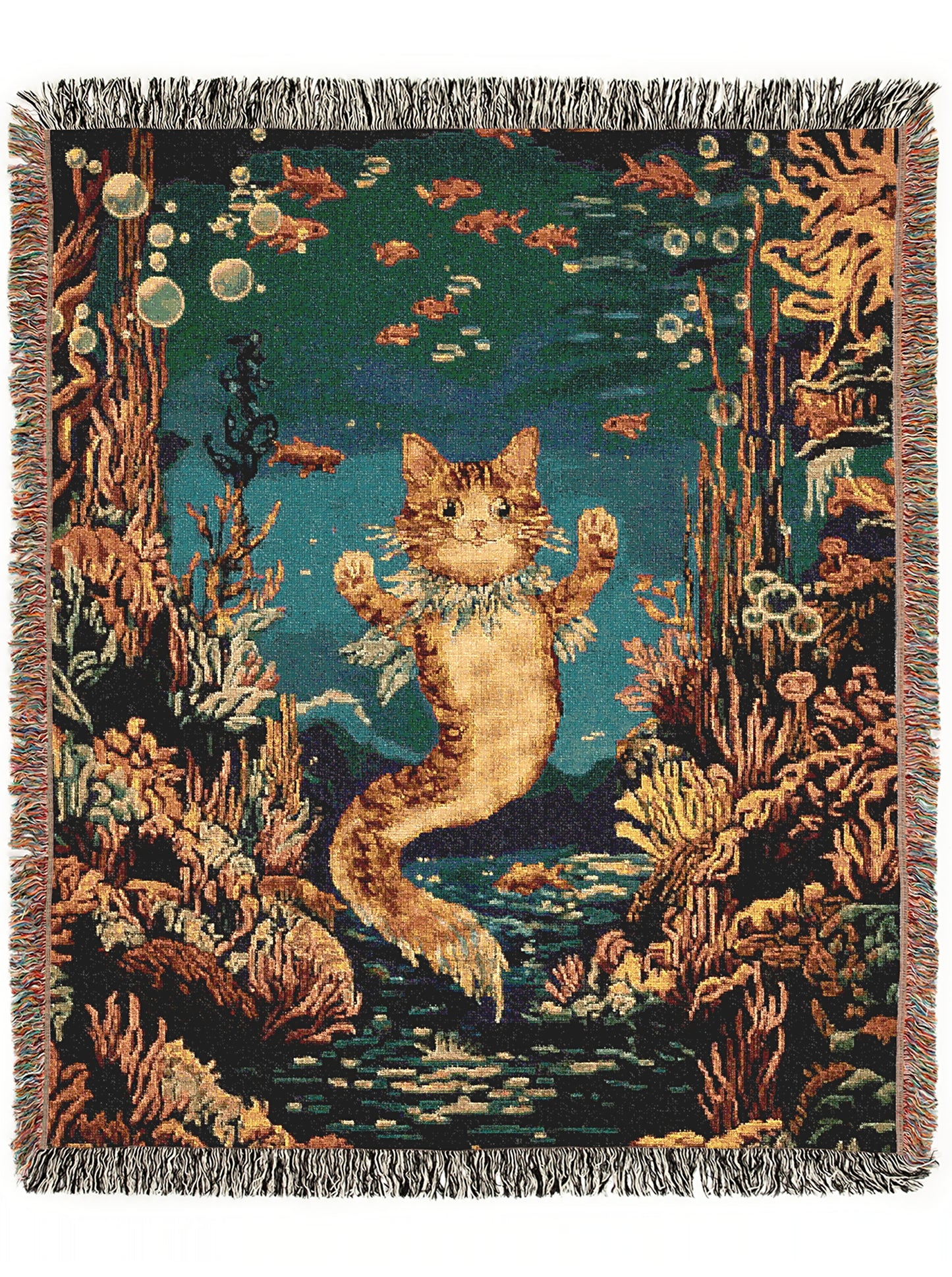 Mermaid Cat Jacquard Woven Blanket, Mermaidcore Wall Art, Siren on Beach, Selkie Retro Woven Throw Blanket Cross Stitch Inspired Wall Decor