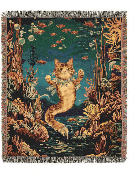 Mermaid Cat Jacquard Woven Blanket, Mermaidcore Wall Art, Siren on Beach, Selkie Retro Woven Throw Blanket Cross Stitch Inspired Wall Decor