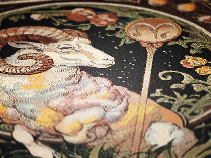 Art Nouveau Zodiac Woven Fringe Blanket, Aries Tapestry, Zodiac Astro Signs Oversized Blanket, Woven Fringe Throw, Aries Gift