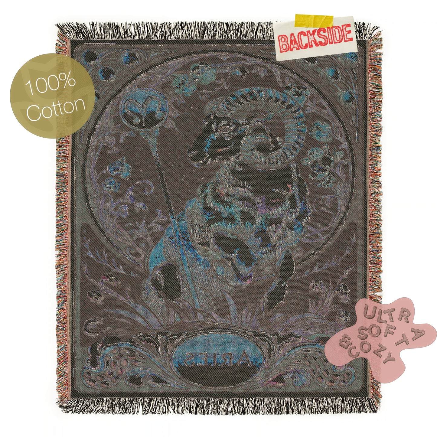 Art Nouveau Zodiac Woven Fringe Blanket, Aries Tapestry, Zodiac Astro Signs Oversized Blanket, Woven Fringe Throw, Aries Gift
