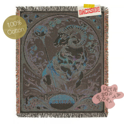 Art Nouveau Zodiac Woven Fringe Blanket, Aries Tapestry, Zodiac Astro Signs Oversized Blanket, Woven Fringe Throw, Aries Gift