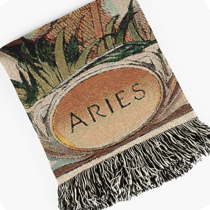 Art Nouveau Zodiac Woven Fringe Blanket, Aries Tapestry, Zodiac Astro Signs Oversized Blanket, Woven Fringe Throw, Aries Gift