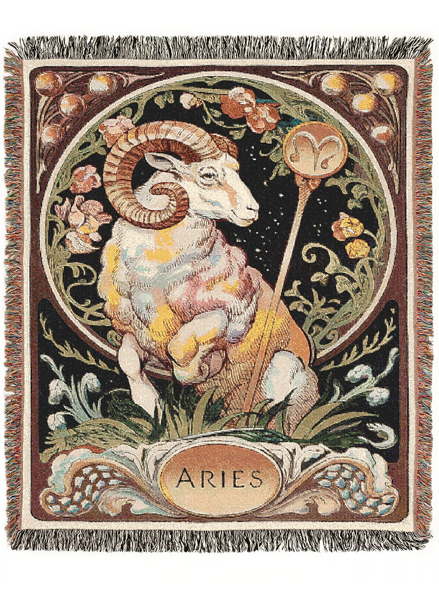 Art Nouveau Zodiac Woven Fringe Blanket, Aries Tapestry, Zodiac Astro Signs Oversized Blanket, Woven Fringe Throw, Aries Gift