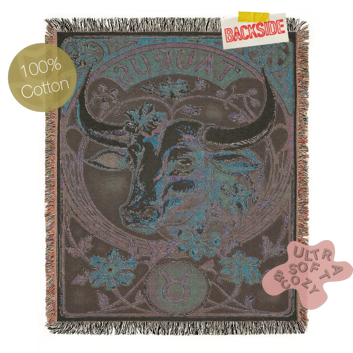 Art Nouveau Zodiac Woven Fringe Blanket, Taurus Tapestry, Zodiac Astro Signs Oversized Blanket, Woven Fringe Throw, Taurus Gift