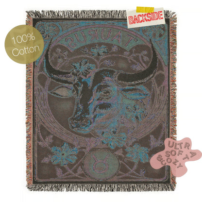 Art Nouveau Zodiac Woven Fringe Blanket, Taurus Tapestry, Zodiac Astro Signs Oversized Blanket, Woven Fringe Throw, Taurus Gift