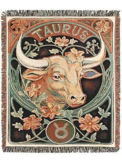 Art Nouveau Zodiac Woven Fringe Blanket, Taurus Tapestry, Zodiac Astro Signs Oversized Blanket, Woven Fringe Throw, Taurus Gift