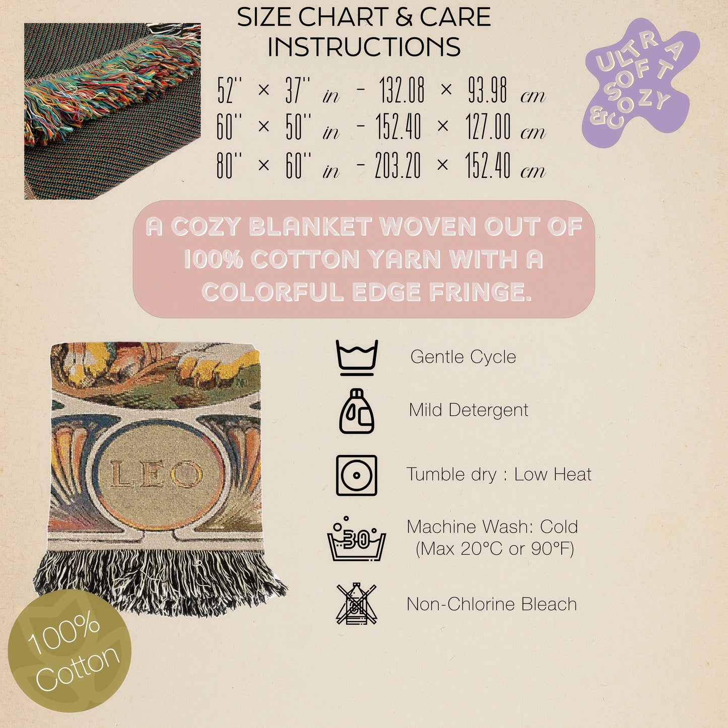 Art Nouveau Zodiac Leo Woven Fringe Blanket