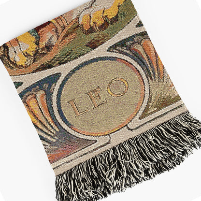 Art Nouveau Zodiac Leo Woven Fringe Blanket