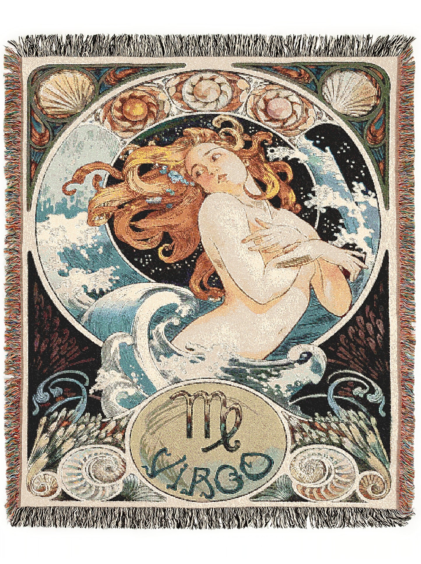Art Nouveau Zodiac Virgo Woven Fringe Blanket