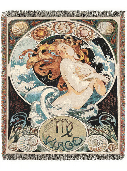 Art Nouveau Zodiac Virgo Woven Fringe Blanket