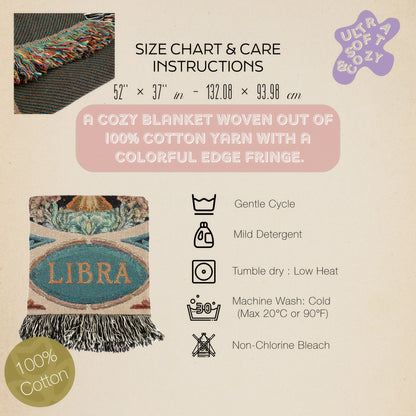 Art Nouveau Zodiac Woven Fringe Blanket, Libra Tapestry, Zodiac Astro Signs Oversized Blanket, Woven Fringe Throw, Libra Gift