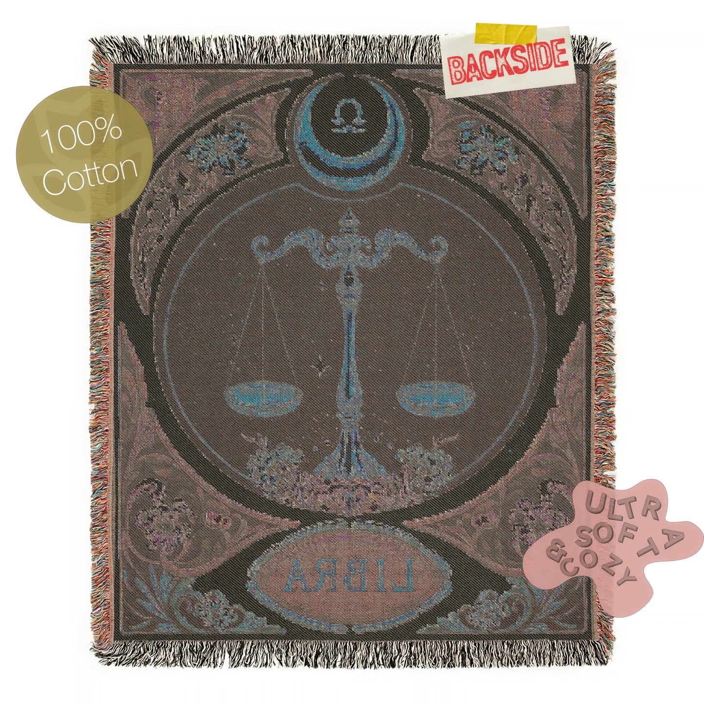 Art Nouveau Zodiac Woven Fringe Blanket, Libra Tapestry, Zodiac Astro Signs Oversized Blanket, Woven Fringe Throw, Libra Gift