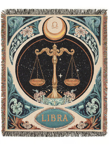 Art Nouveau Zodiac Woven Fringe Blanket, Libra Tapestry, Zodiac Astro Signs Oversized Blanket, Woven Fringe Throw, Libra Gift