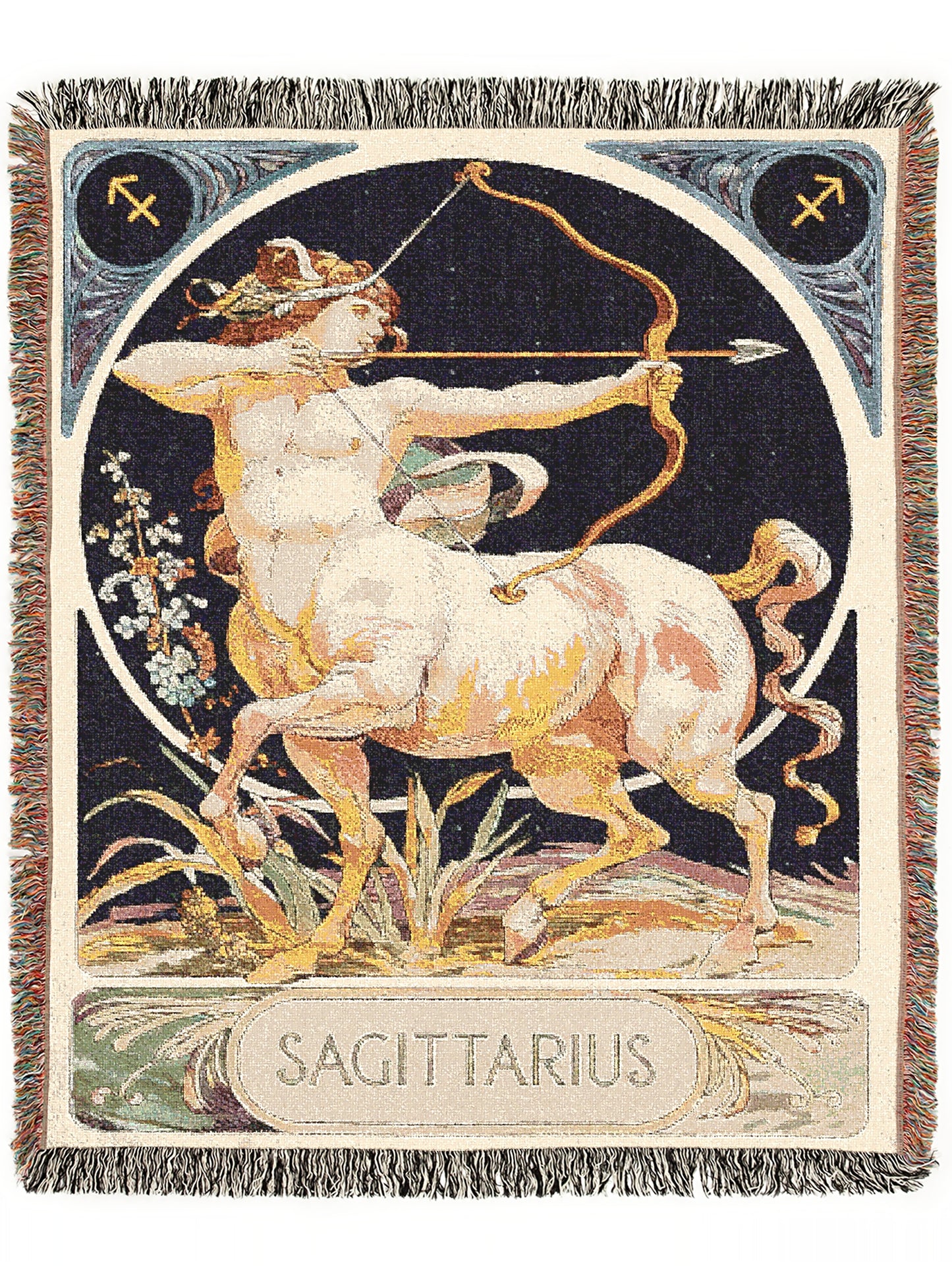 Art Nouveau Zodiac Sagittarius Woven Fringe Blanket