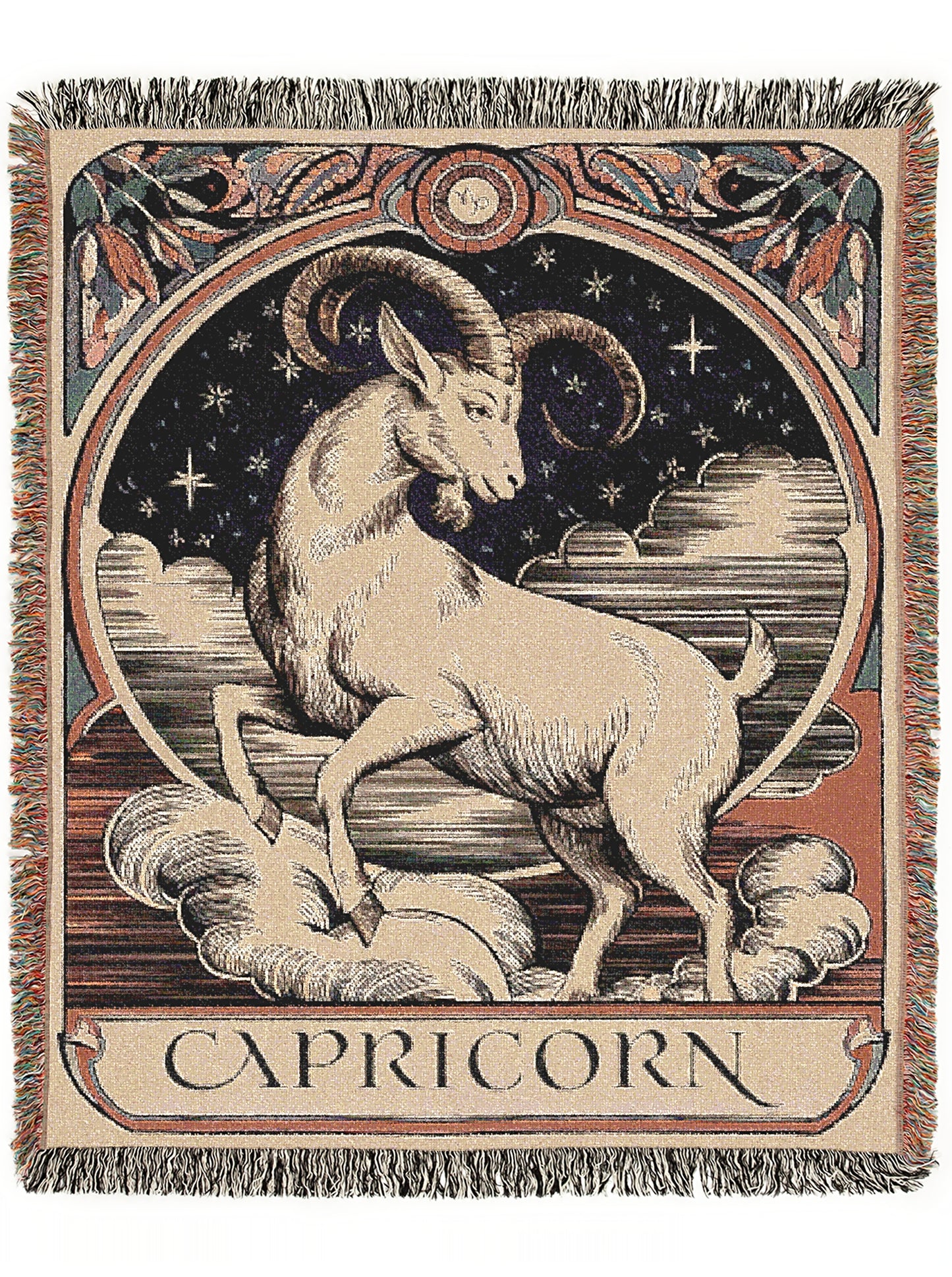 Art Nouveau Zodiac Capricorn Woven Fringe Blanket