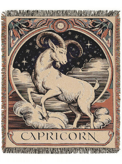 Art Nouveau Zodiac Capricorn Woven Fringe Blanket