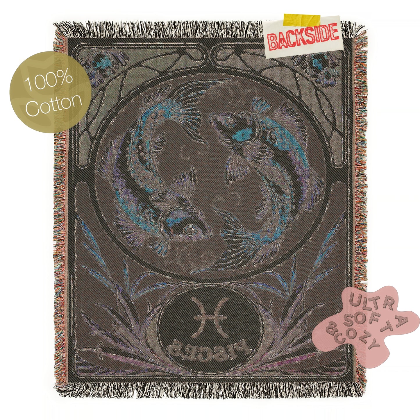 Art Nouveau Zodiac Pisces Woven Fringe Blanket