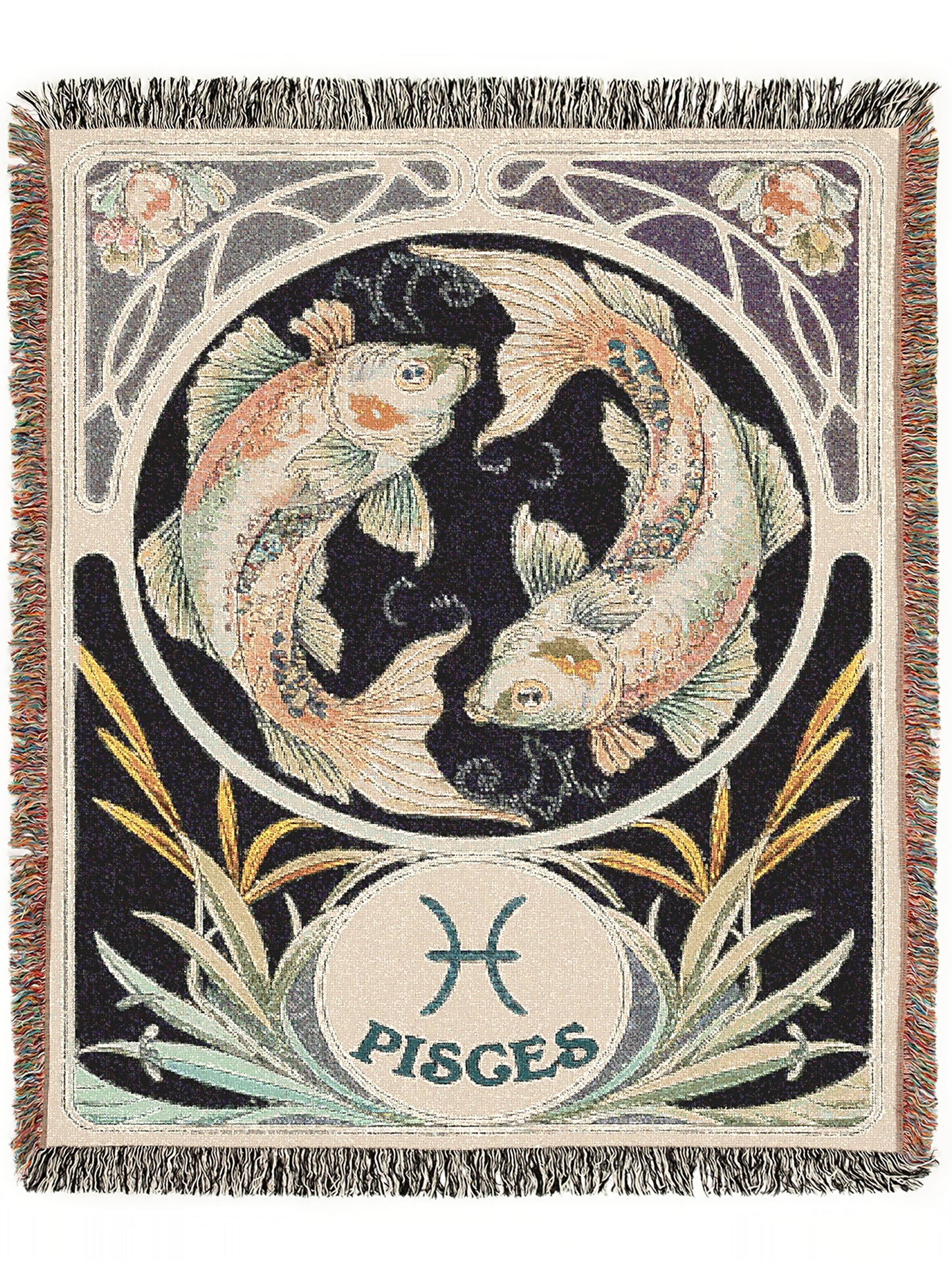 Art Nouveau Zodiac Pisces Woven Fringe Blanket