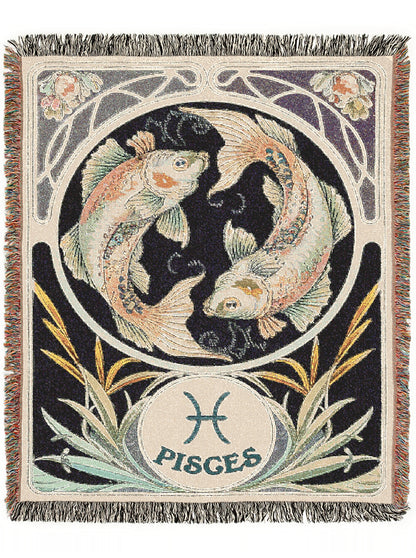 Art Nouveau Zodiac Pisces Woven Fringe Blanket