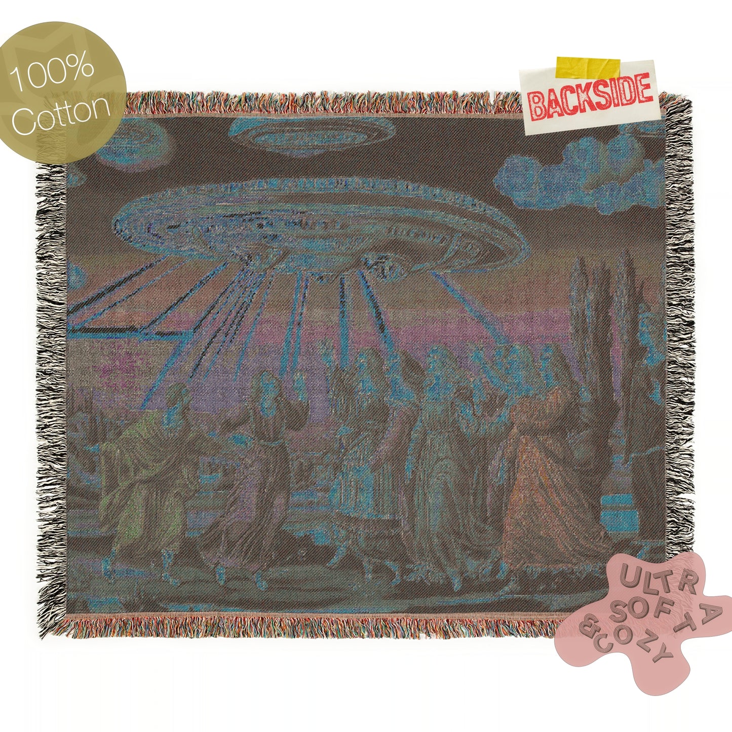 Renaissance Medieval UFO Abduction Woven Blanket, Alien Tapestry Throw, Surreal Art Home Decor, Sci-Fi Classical Painting