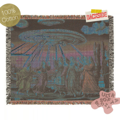Renaissance Medieval UFO Abduction Woven Blanket, Alien Tapestry Throw, Surreal Art Home Decor, Sci-Fi Classical Painting