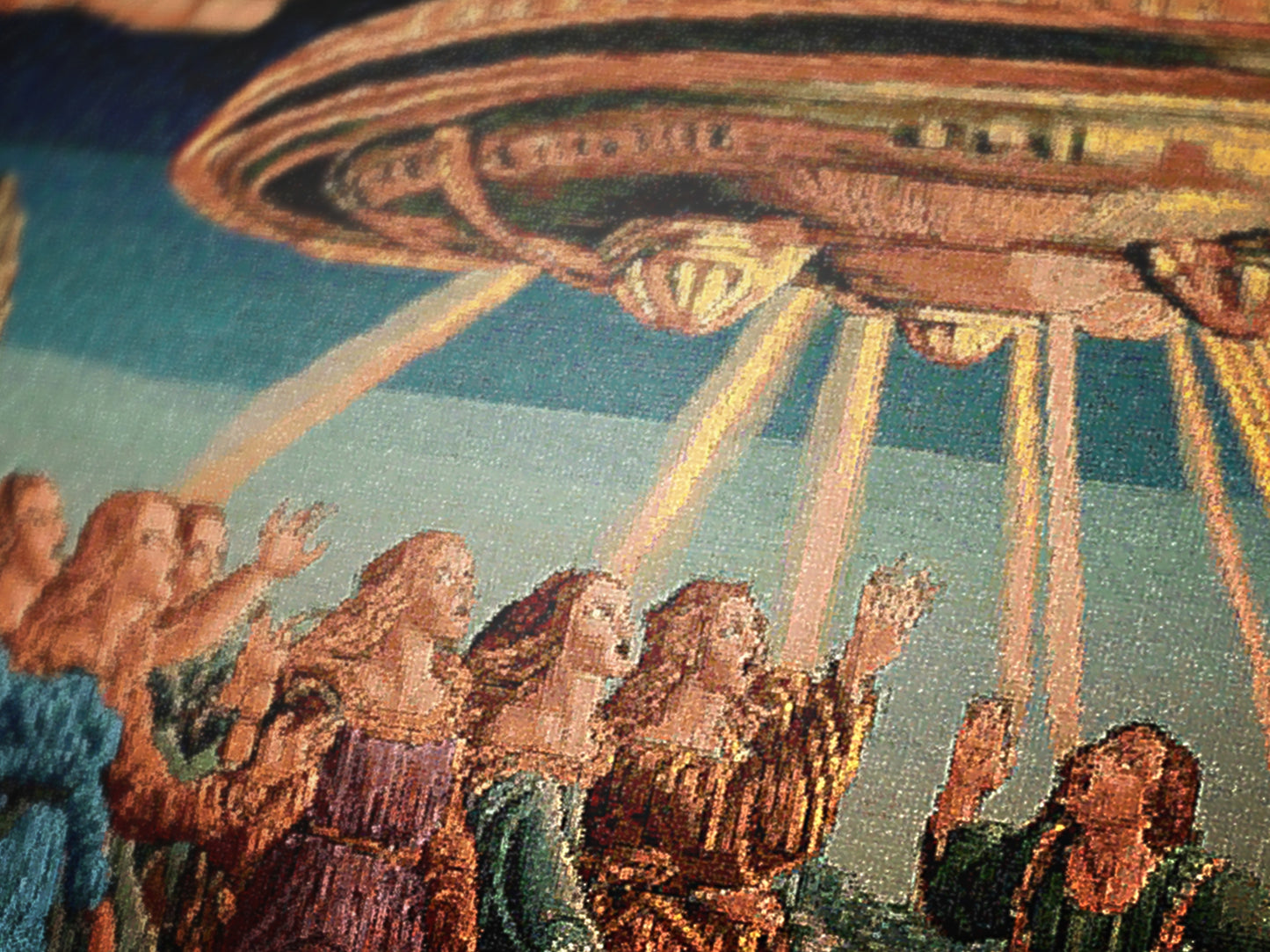 Renaissance Medieval UFO Abduction Woven Blanket, Alien Tapestry Throw, Surreal Art Home Decor, Sci-Fi Classical Painting