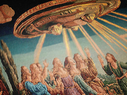 Renaissance Medieval UFO Abduction Woven Blanket, Alien Tapestry Throw, Surreal Art Home Decor, Sci-Fi Classical Painting