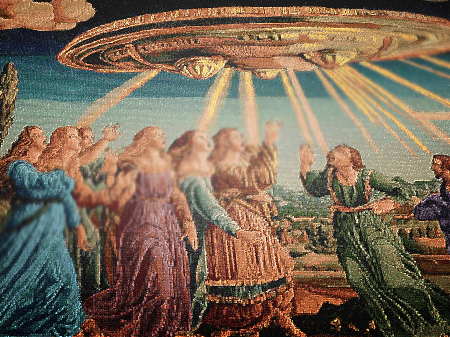 Renaissance Medieval UFO Abduction Woven Blanket, Alien Tapestry Throw, Surreal Art Home Decor, Sci-Fi Classical Painting