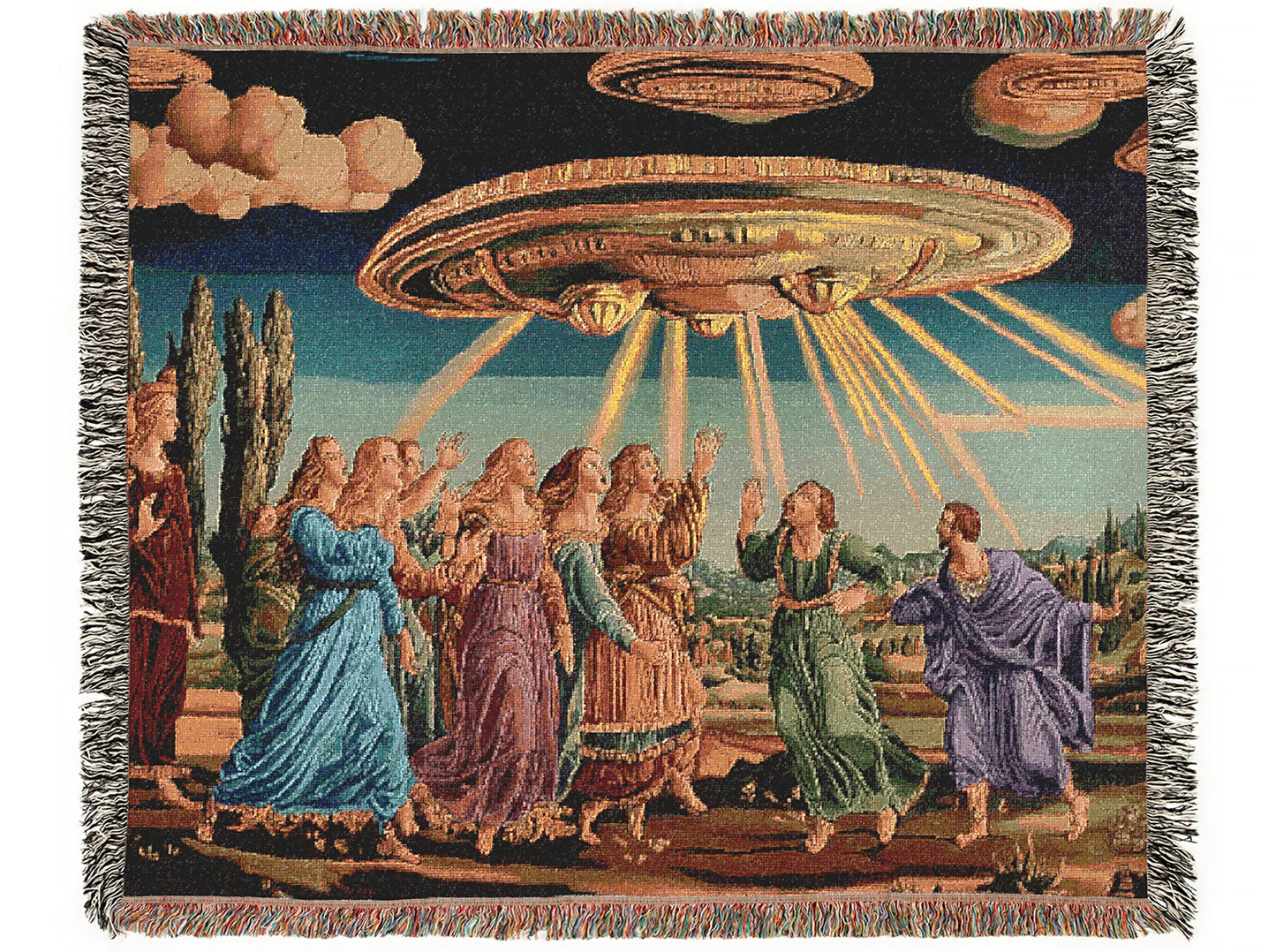 Renaissance Medieval UFO Abduction Woven Blanket, Alien Tapestry Throw, Surreal Art Home Decor, Sci-Fi Classical Painting
