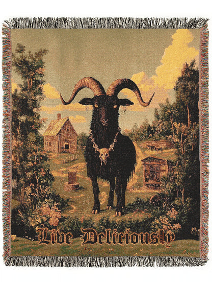Live Deliciously Black Phillip - Satanic Goat Woven Throw Blanket - Wiccan Woven Tapestry - Witchy Gothic Home Jacquard Throw Tapestry