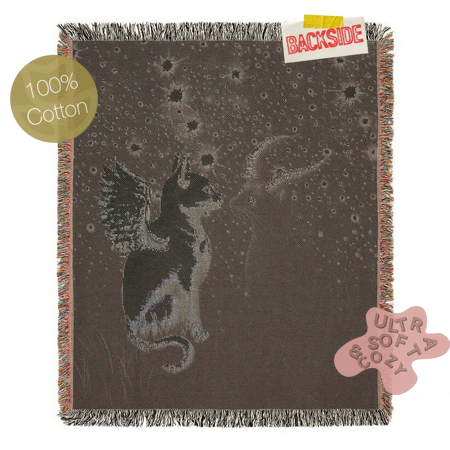 Mystical Cat Woven Blanket, Cozy Woven Throw for Cat Lovers, Celestial Whimsigoth Decor, Gift for Pet Owners, Home Warmth, Celestial Gifts