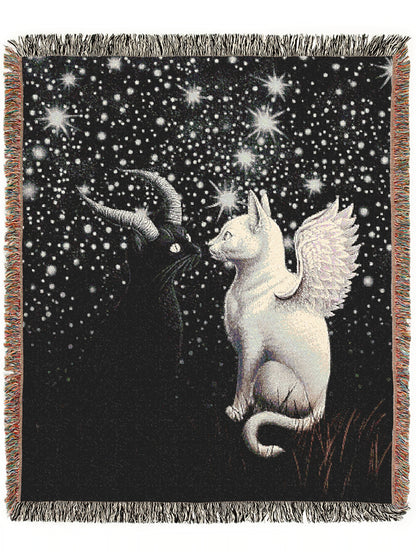 Mystical Cat Woven Blanket, Cozy Woven Throw for Cat Lovers, Celestial Whimsigoth Decor, Gift for Pet Owners, Home Warmth, Celestial Gifts