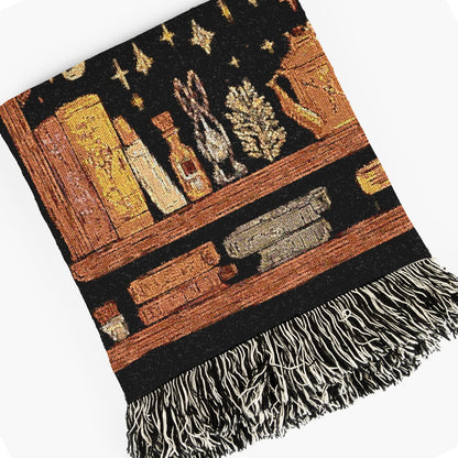 Witchy Shelf Woven Blanket, Skull Lover Throw Blanket, Spooky Whimsigoth Decor, Cotton Woven Throw For Witchy Gift, Witchy Decor